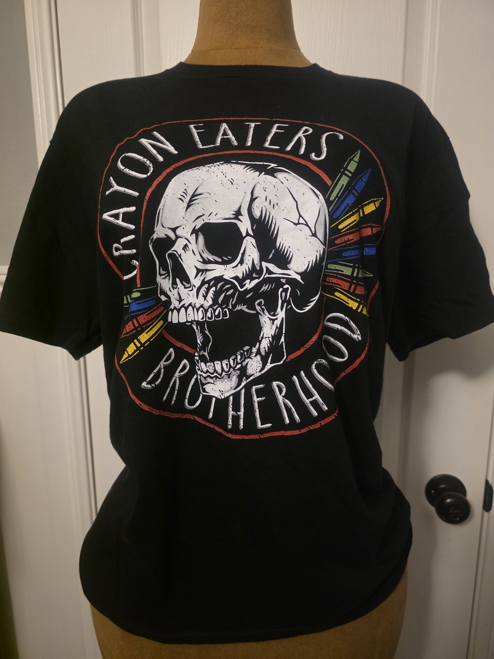 Black Skull Graphic Short-Sleeve Tee with Colorful Crayon Accents